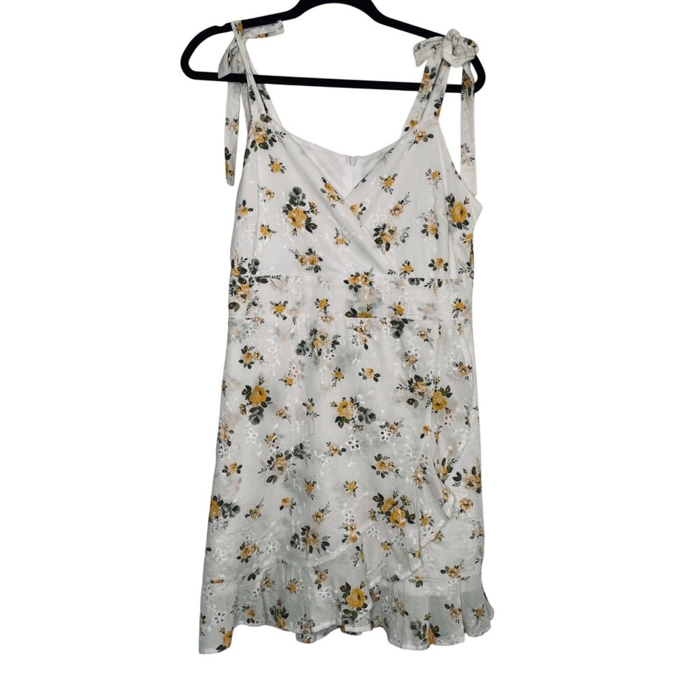 Floral‎ Sleeveless White Faux Wrap Dress Ruffle Hem Tie Straps Altered State L